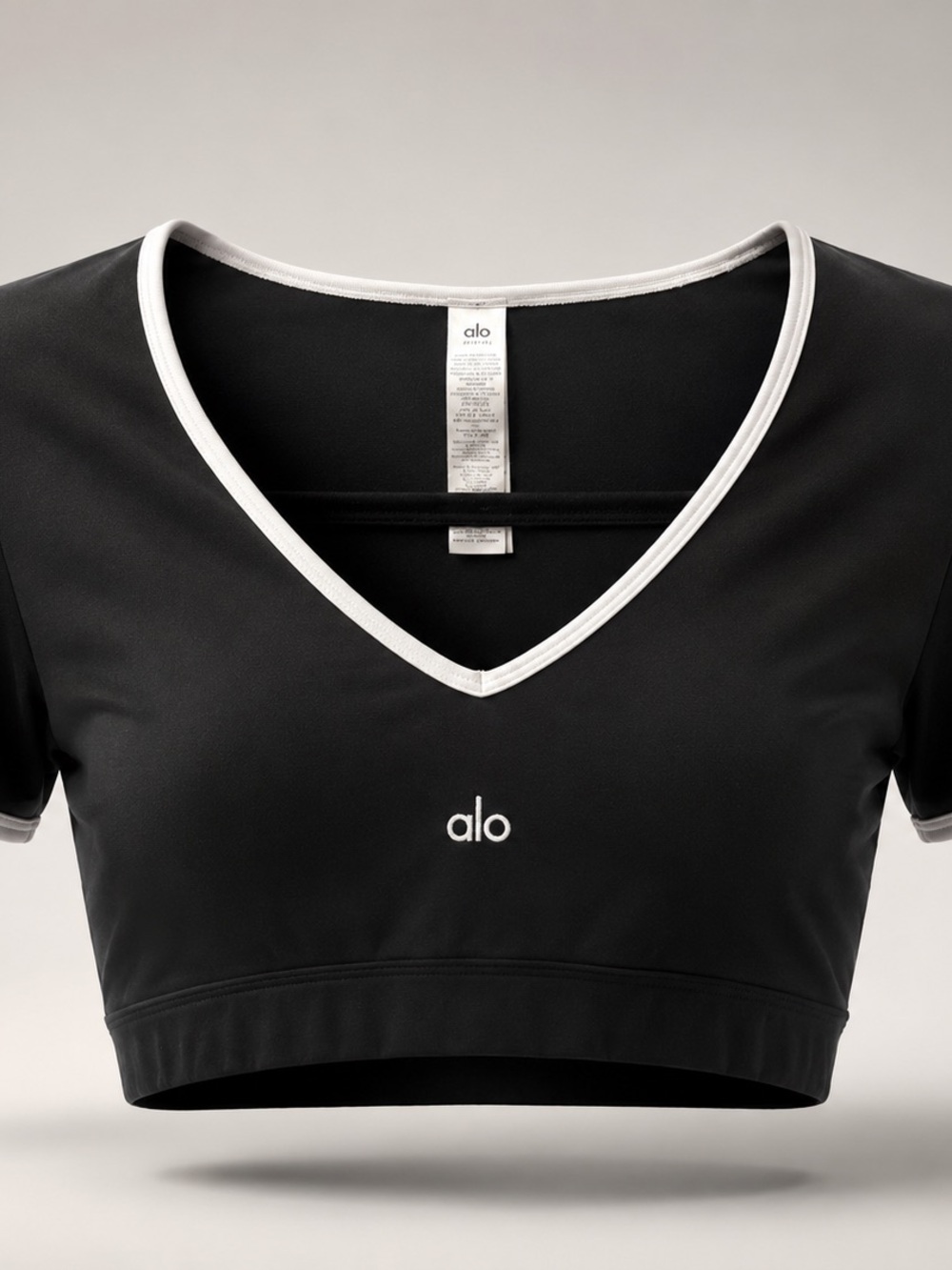 ALO Yoga Airbrush RacePace Short Sleeve  Cropped V-Neck Tee with White Trim